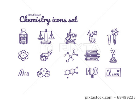 Chemistry icons set. Test tubes, reactions, atom, molecules, formula and other scientific items. Vector illustration in doodle style 69489223