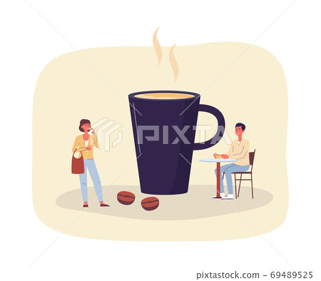 Tiny modern people characters near coffee mug flat vector illustration isolated. 69489525