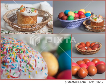 Easter cakes and colored eggs on basket Easter cakes and colored eggs on basket 69489647