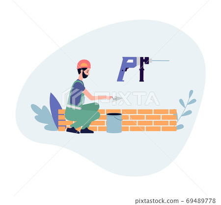 Construction and masonry works with bricklayer flat vector illustration isolated. 69489778