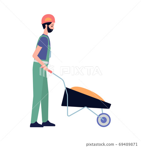 Construction worker or builder with hand truck flat vector illustration isolated. Construction worker or builder with hand truck flat vector illustration isolated. 69489871