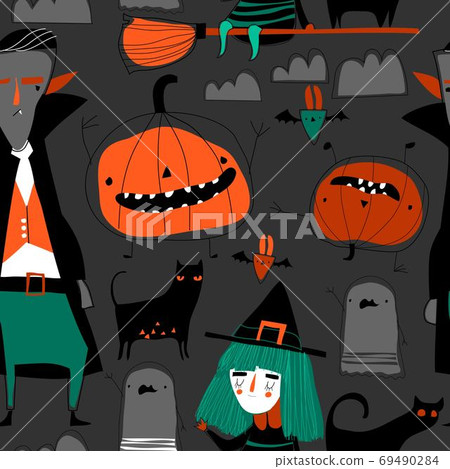 Halloween Character Pattern Seamless pattern with Halloween characters on... - Stock Illustration ...