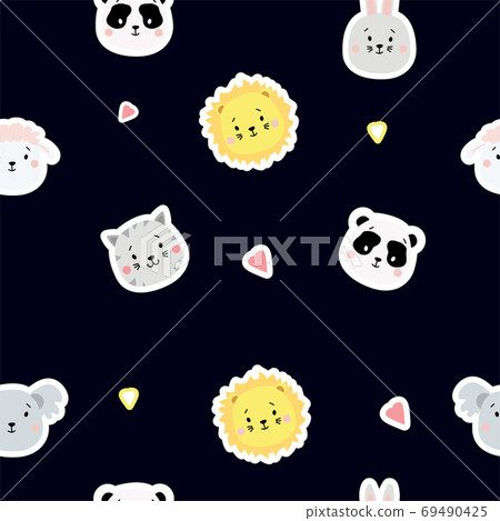 Seamless patterns. Childrens collection. Cute animal stickers - hare and sheep, gray cat and koala, lion and panda on a blue background with hearts. For design, textiles, packaging, wallpaper. Vector Seamless patterns. Childrens collection. Cute animal stickers - hare and sheep, gray cat and koala, lion and panda on a blue background with hearts. For design, textiles, packaging, wallpaper. Vector 69490425