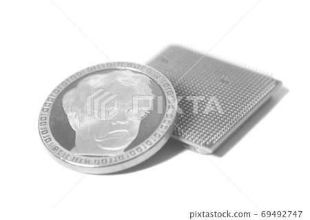 Central processing unit CPU microchip with silver Bitcoin 69492747
