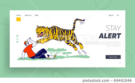 Tourist Character Attacked with Tiger Landing Page Template. Danger from Wild Animals. Unexpected Situation in Nature 69492846