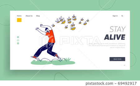 Male Character is Attacked with Swarm of Wild Bees Landing Page Template. Man Escaping from Angry Insects Attack Male Character is Attacked with Swarm of Wild Bees Landing Page Template. Man Escaping from Angry Insects Attack 69492917