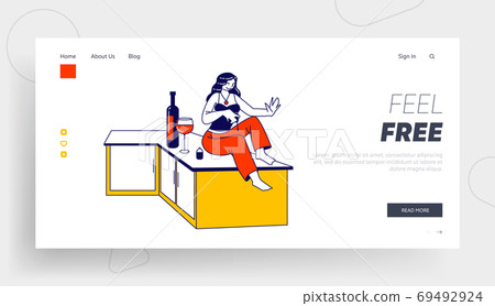 Woman Doing Home Beauty Procedure Landing Page Template. Female Character Sit on Table with Wine Bottle Painting Nails 69492924