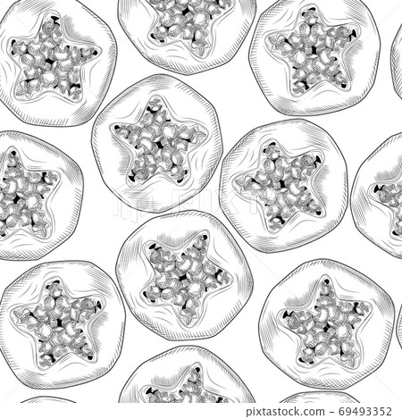Geometric slice papaya seamless pattern in hand drawn style. Pawpaw wallpaper. Engraving style. Geometric slice papaya seamless pattern in hand drawn style. Pawpaw wallpaper. Engraving style. 69493352