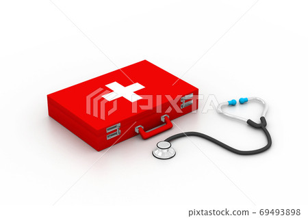 First Aid kit with stethoscope in white background First Aid kit with stethoscope in white background 69493898