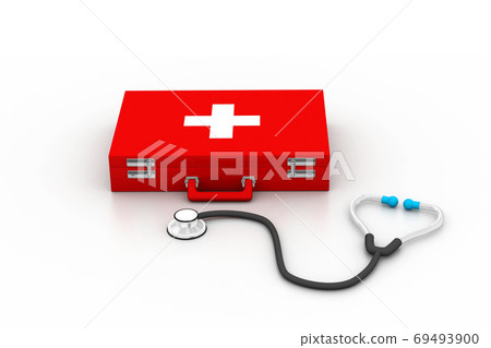 First Aid kit with stethoscope in white background 69493900