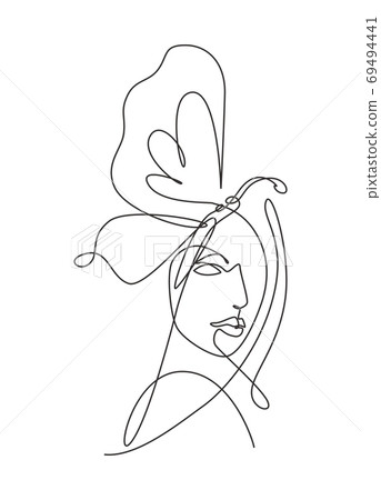 Single continuous line drawing beauty woman with butterfly artwork 69494441