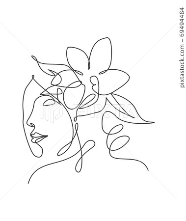 Single continuous line drawing pretty woman face with flowers 69494484