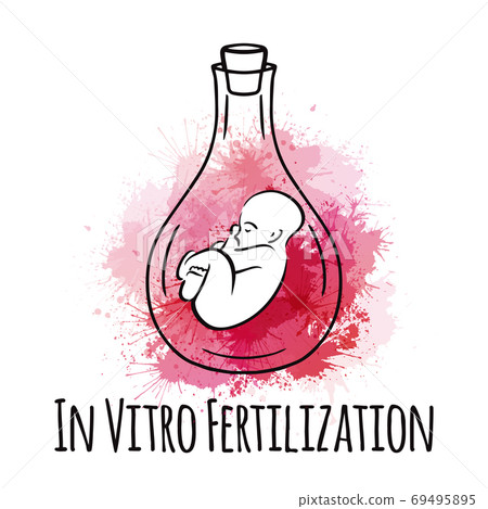 Contour of test tube with a child on the topic of artificial insemination with watercolor splashes. Contour of test tube with a child on the topic of artificial insemination with watercolor splashes. 69495895