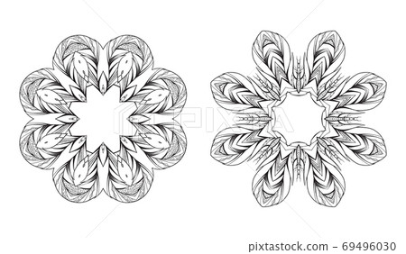 Set of black and white round mandala frames with a boho pattern. 69496030