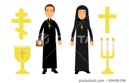 Christian Religion Attributes with Man Dressed in Priest Long Garment and Cross Vector Set Christian Religion Attributes with Man Dressed in Priest Long Garment and Cross Vector Set 69496396