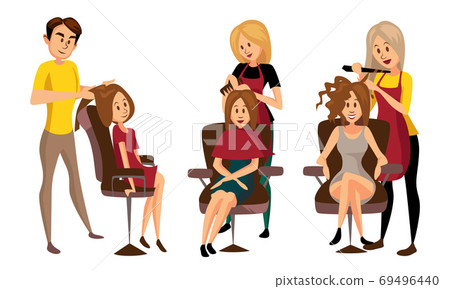 Man Barber and Woman Hairdresser Cutting and Doing Hair Vector Illustration Set 69496440
