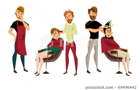 Man Barber Cutting and Doing Hair Vector Illustration Set 69496442