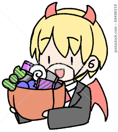 A boy who got a lot of sweets at Halloween with a mouse shield 69496559