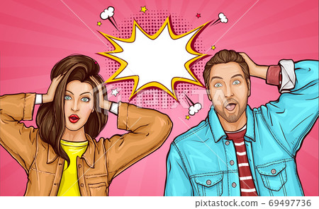 Shocked man and woman with open eyes, mouths 69497736