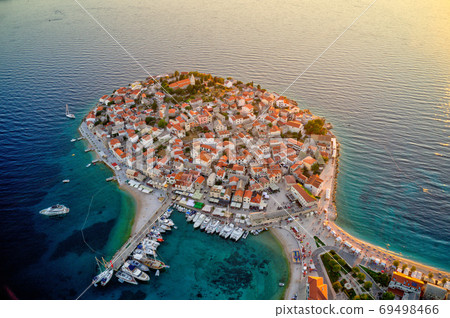 Aerial view of old Primosten town, Croatia Aerial view of old Primosten town, Croatia 69498466