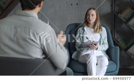 Positive psychoanalyst woman conversation with female patient in office room. People, dialogue and psychology concept. Positive psychoanalyst woman conversation with female patient in office room. People, dialogue and psychology concept. 69498977