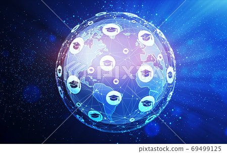 Digital Learning And Education. World Globe Hologram With Graduation Cap Icons Network Digital Learning And Education. World Globe Hologram With Graduation Cap Icons Network 69499125