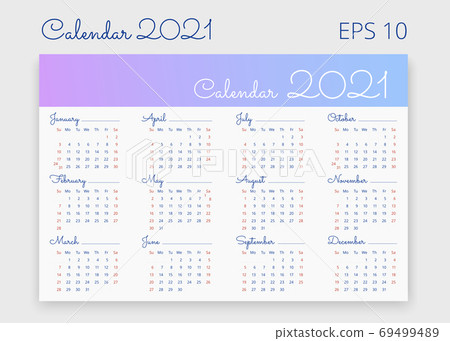 Creative calendar of 2021 year in white background. Sundays and saturdays are highlighted in red. Week starts on Sunday. Horizontal poster, banner, web Creative calendar of 2021 year in white background. Sundays and saturdays are highlighted in red. Week starts on Sunday. Horizontal poster, banner, web 69499489