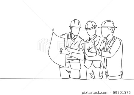 One continuous line drawing of young architect, manager and engineer meeting at building construction site 69501575