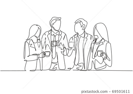 One single line drawing of young male and female office employees discussion together while office break time One single line drawing of young male and female office employees discussion together while office break time 69501611