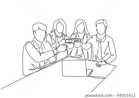 Single continuous line drawing of young male and female office workers discussing strategy 69501612