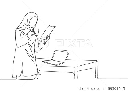 One continuous line drawing of young muslimah marketing manager reading sales report paper 69501645