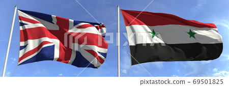 Flying flags of the United Kingdom and Syria on sky background, 3d rendering 69501825