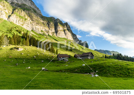 Mountain huts and pastures on the Schwaegalp, Canton Appenzell Ausserrhoden, Switzerland Mountain huts and pastures on the Schwaegalp, Canton Appenzell Ausserrhoden, Switzerland 69501875