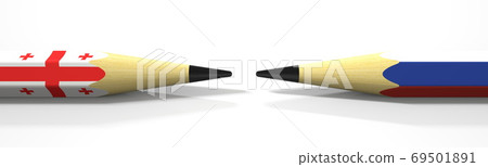Pencils with flags of Georgia and Russia. Political conflict concept. 3d rendering Pencils with flags of Georgia and Russia. Political conflict concept. 3d rendering 69501891