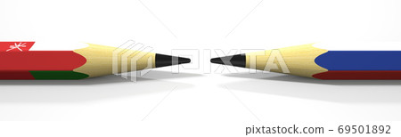 Two pencils with flags of Oman and Russia, political conflict related 3d rendering 69501892