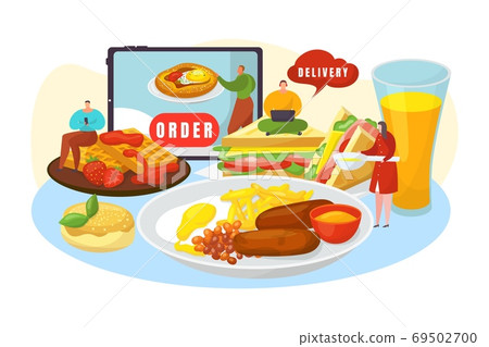 Order food delivery online isolated vector illustration. Take away fast food, pizza, hamburger fast home delivering. Deliveryman. Order food delivery online isolated vector illustration. Take away fast food, pizza, hamburger fast home delivering. Deliveryman. 69502700