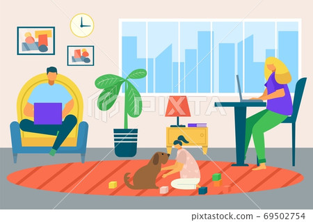 Freelance work home, male, female character working on laptop at home, self employed, home office vector illustration. Workplace. 69502754