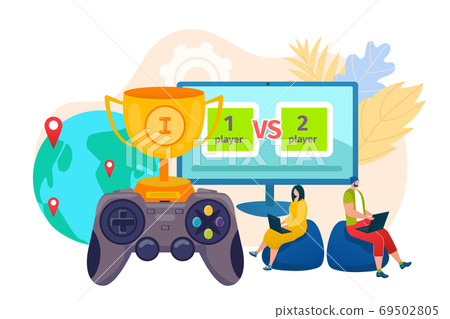 Gaming online concept vector illustration. People gamers with video game console, gamepad. Video technology for leisure and entertainment. 69502805