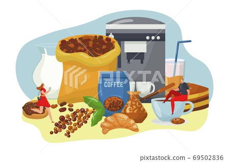 Coffee concept for cafe shop design, vector illustration. Bag of coffee beans, coffeemaker, mug of hot espresso. Breakfast in restaurant. Coffee concept for cafe shop design, vector illustration. Bag of coffee beans, coffeemaker, mug of hot espresso. Breakfast in restaurant. 69502836