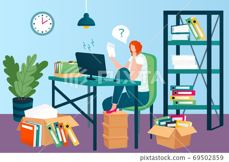 Business papers in office, documents and folders on workplace and working woman vector illustration. Files stacking up in messy order. Business papers in office, documents and folders on workplace and working woman vector illustration. Files stacking up in messy order. 69502859