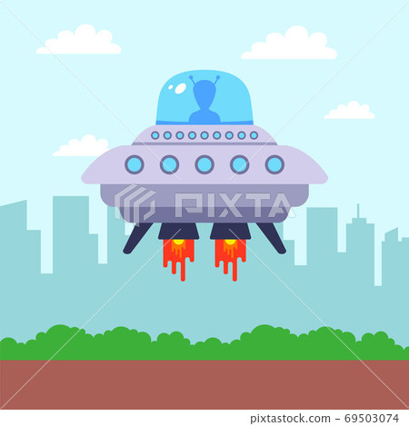 UFO landed in the park against the backdrop of the city. first contact with an alien. flat vector illustration. 69503074