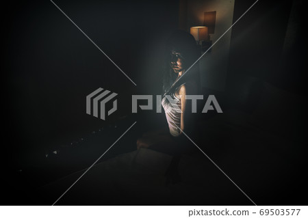 double exposure of ghost woman in haunted hotel with dark filter, halloween concept double exposure of ghost woman in haunted hotel with dark filter, halloween concept 69503577