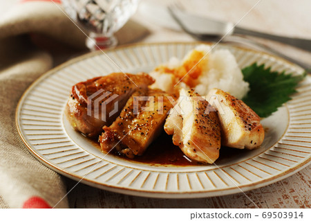 Chicken saute, charred butter and soy sauce sauce 69503914