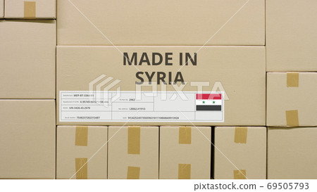 MADE IN SYRIA text and flag label on the carton in a storage 69505793