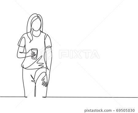 One single line drawing of young female college student standing wearing casual shirt holding a paper cup of coffee drink 69505830