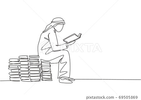 One single line drawing of young happy male muslim businessman reading a book above pile of books One single line drawing of young happy male muslim businessman reading a book above pile of books 69505869