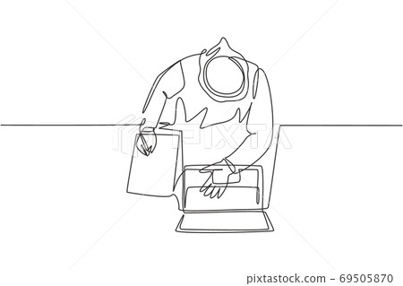 One single line drawing of young male muslim businessman writing business contract, from top view One single line drawing of young male muslim businessman writing business contract, from top view 69505870