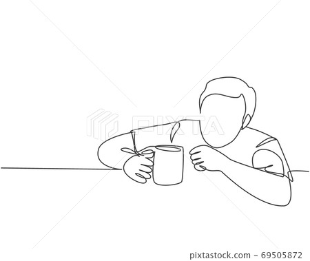 One single line drawing of young desperate worker staring blankly to a mug of coffee while order drink at cafe 69505872