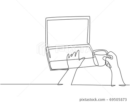 One continuous line drawing of young happy worker typing on laptop keyboard to do online shopping One continuous line drawing of young happy worker typing on laptop keyboard to do online shopping 69505873