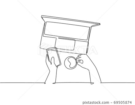 One single line drawing of young happy business manager typing on smartphone do online shopping One single line drawing of young happy business manager typing on smartphone do online shopping 69505874